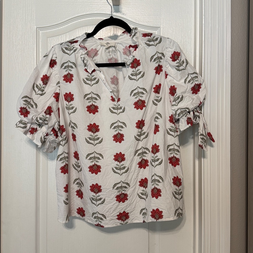 Entro White Floral Top with Red and Green Accents